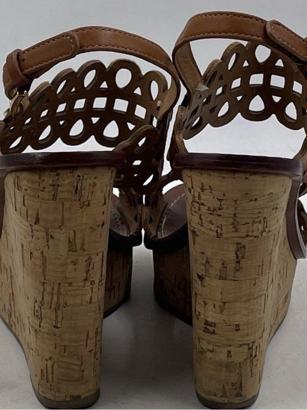 Tory Burch Nori Brown Laser-Cut Cork Wedge Sandals Sz 5 - Picture 9 of 10
